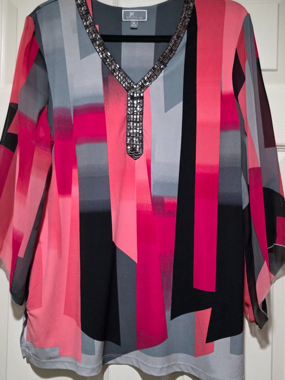 JM Collection Pink Grey Black Geometric Embellished Top Size M